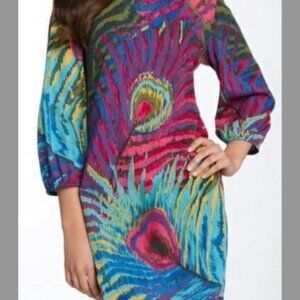 Trina Turk Women Size 12 Kerry Peacock Print Silk Blend Dress